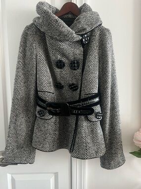 Betsey Johnson Black & White Herringbone Double-Breasted Pea Coat